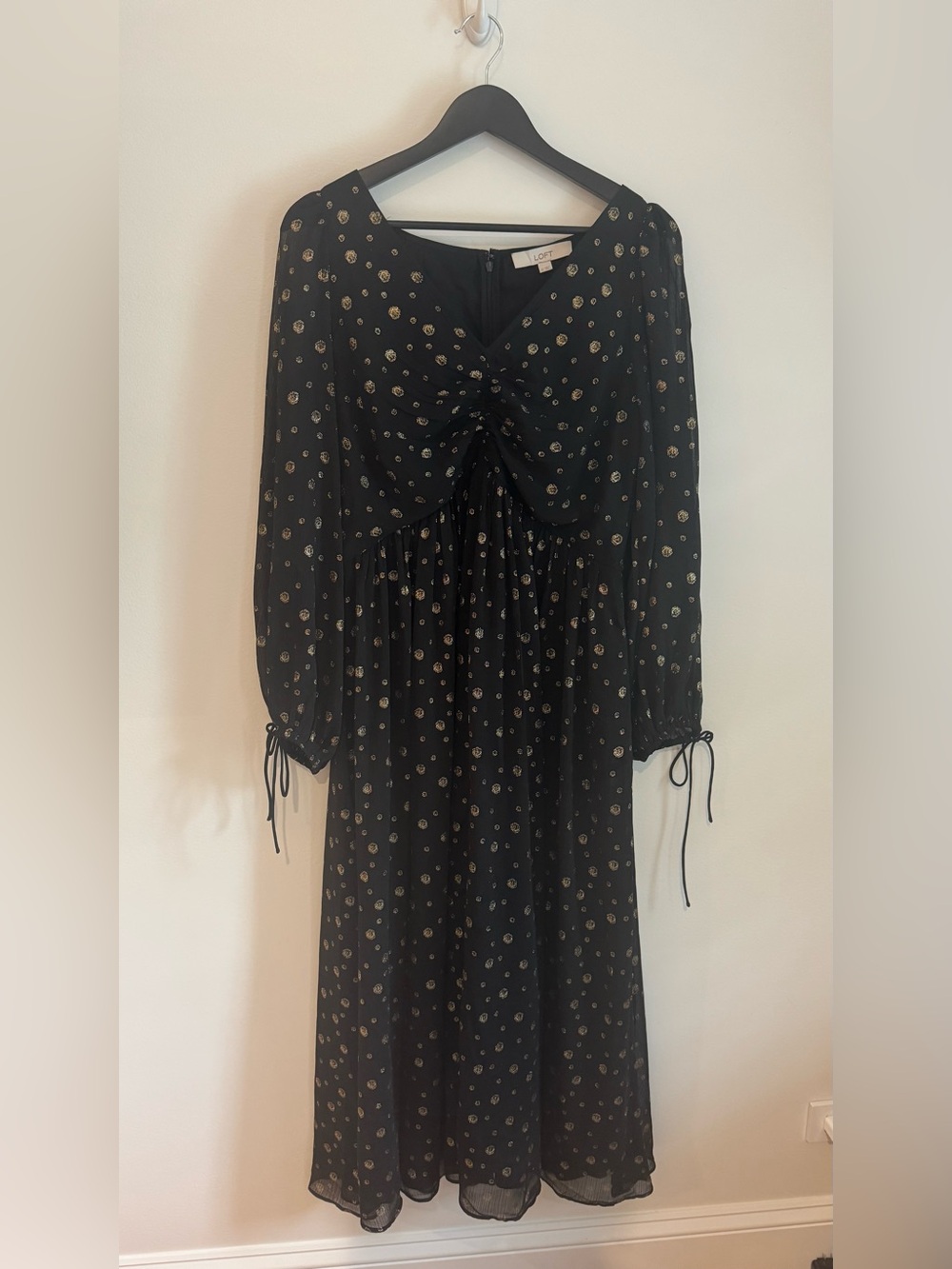 LOFT Black Dress with Gold Dot Print, Long Sleeve Midi